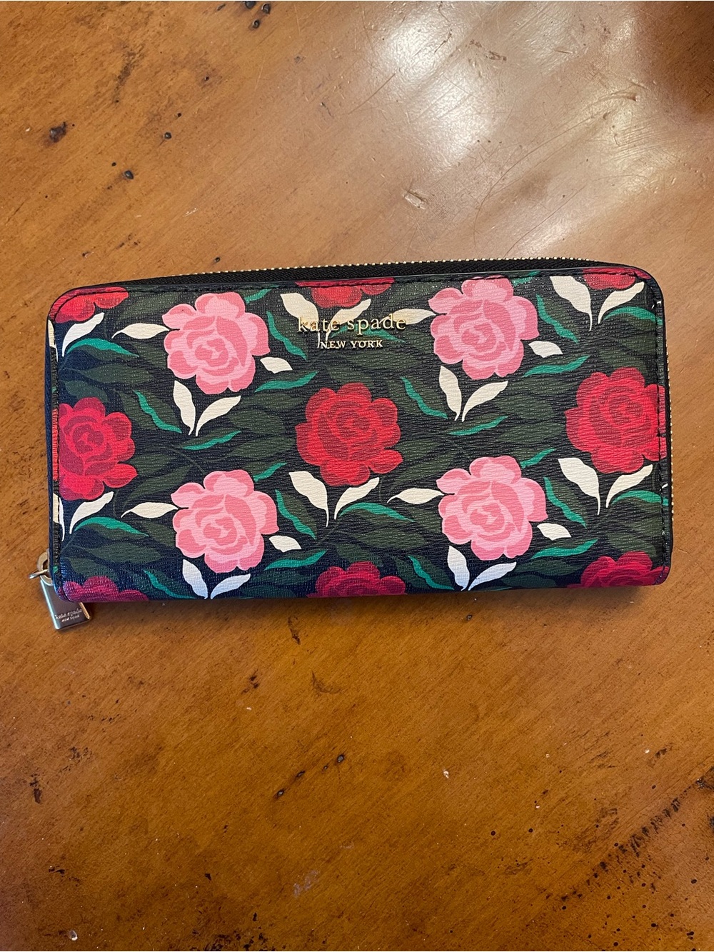 Kate Spade  Black Floral Zip-Around Wallet with Pink & Red Roses